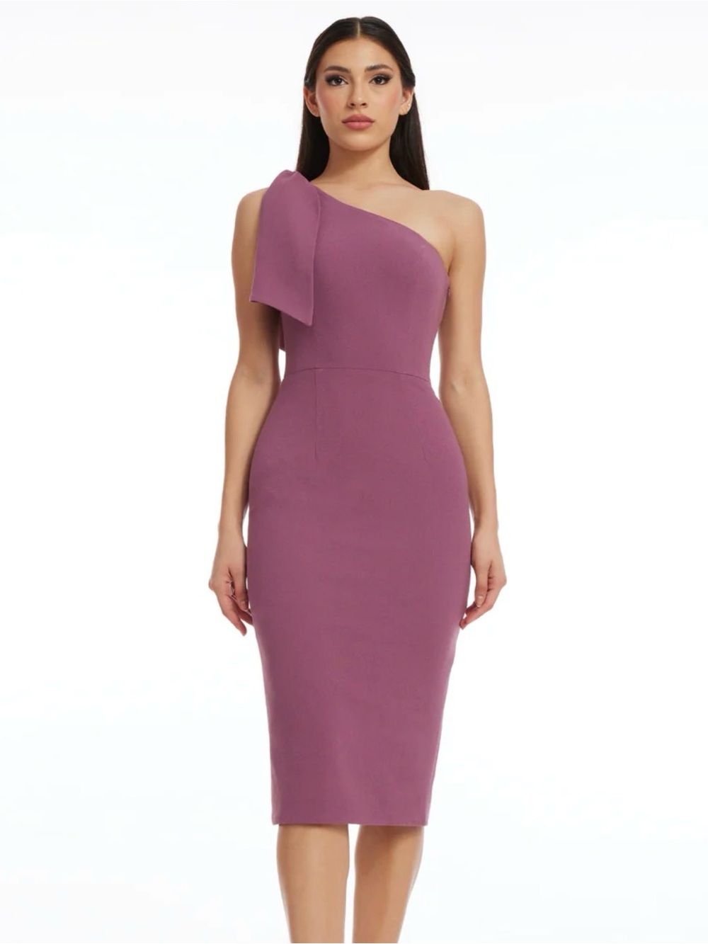 DRESS THE POPULATION Tiffany Dress in Orchid NWT Large One Shoulder Midi Bow